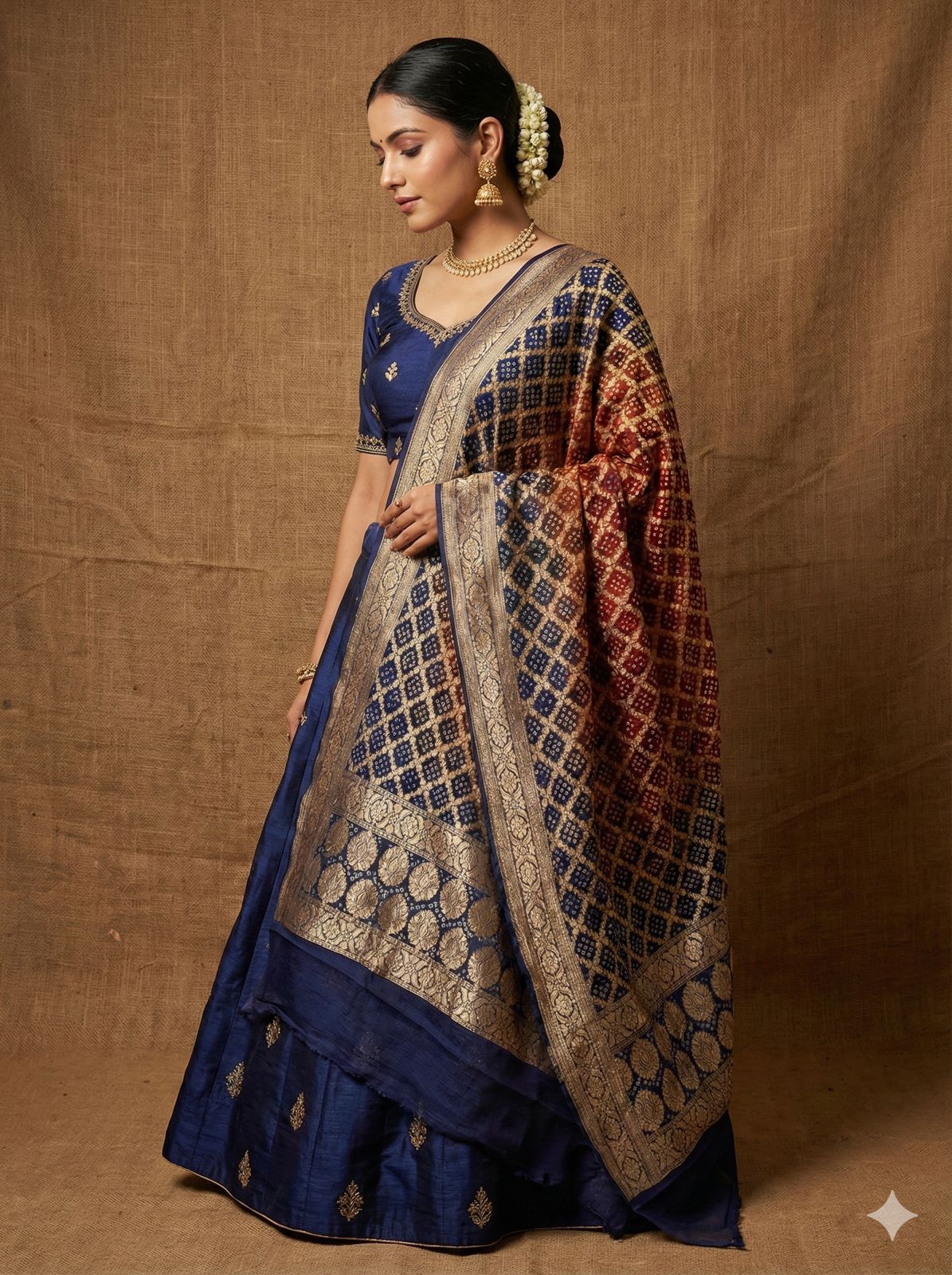 Banarasi Bandhani Dupatta- Navy & Maroon Dual-Tone
