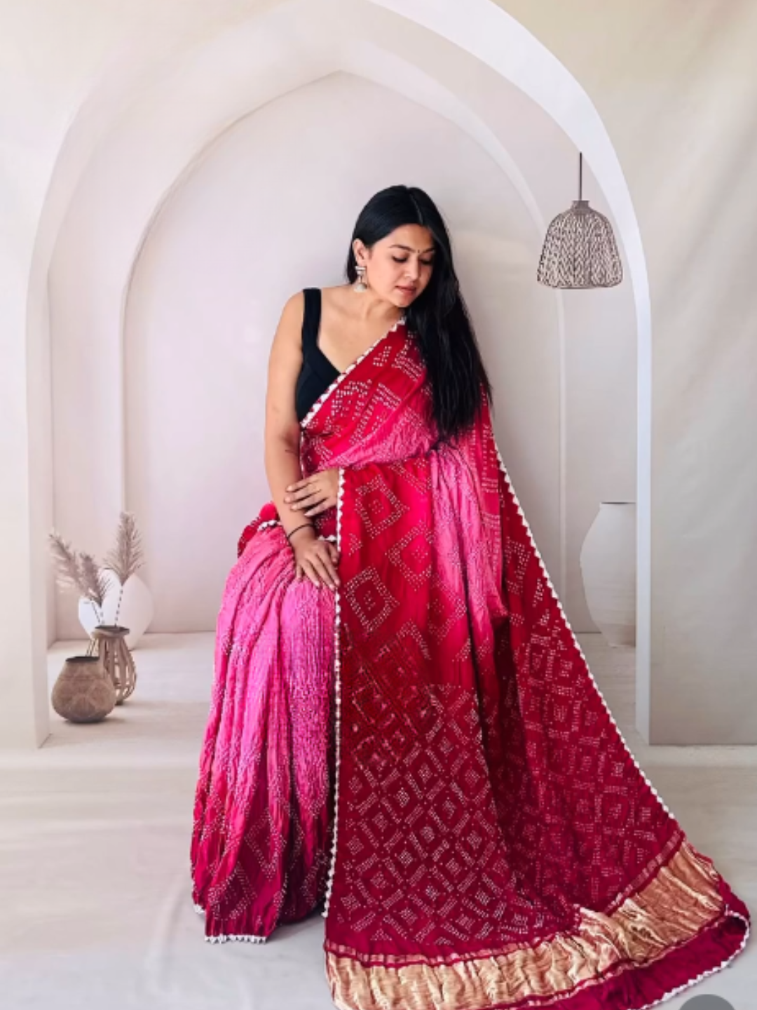 Pink Cherry Ombre Bandhani Saree